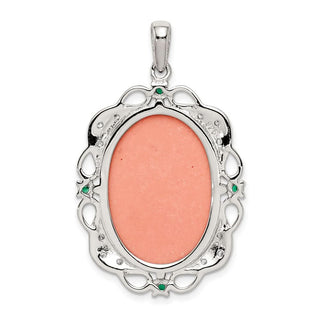 Sterling Silver Rhodium-plated Green Glass Clear CZ Plastic Pink Cameo Pendant