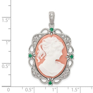 Sterling Silver Rhodium-plated Green Glass Clear CZ Plastic Pink Cameo Pendant