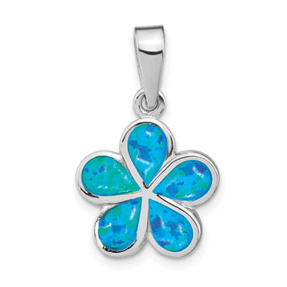 Sterling Silver Rhodium-Plated Lab-Created Blue Inlay Opal Flower Pendant