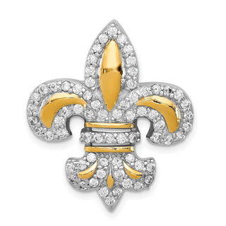 Sterling Silver CZ Fleur De Lis w/Flash Gold-Plated Slide Pendant