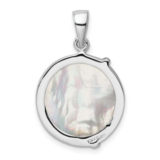 Sterling Silver Rhodium-plated Mother of Pearl Palm Tree Round Pendant
