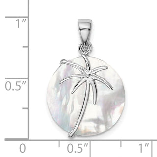 Sterling Silver Rhodium-plated Mother of Pearl Palm Tree Round Pendant