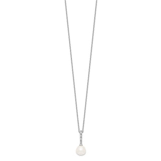 17" Sterling Silver Rhodium-plated 7-8mm White Freshwater Cultured Pearl CZ Necklace