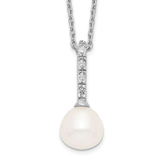 17" Sterling Silver Rhodium-plated 7-8mm White Freshwater Cultured Pearl CZ Necklace