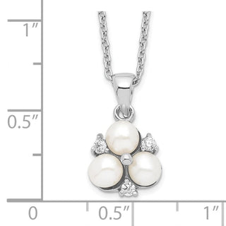 17" Sterling Silver Rhodium-plated 5-6mm White Freshwater Cultured 3-Pearl CZ Necklace