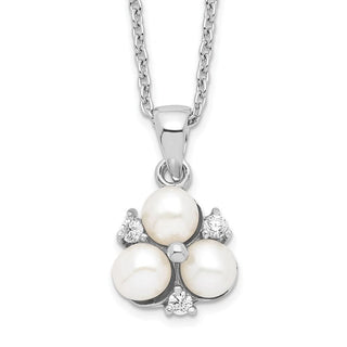 17" Sterling Silver Rhodium-plated 5-6mm White Freshwater Cultured 3-Pearl CZ Necklace