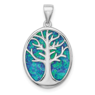 Sterling Silver Rhodium-Plated Lab-Created Opal Tree Of Life Oval Pendant