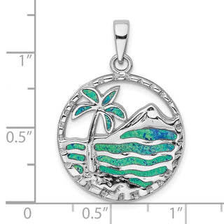 Sterling Silver Rhodium-Plated Blue Lab-Created Opal Palm Tree Ocean Pendant