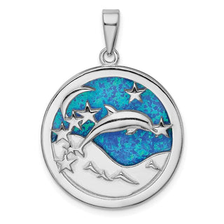 Sterling Silver Rhodium-Plated Blue Inlay Lab-Created Opal Dolphins Pendant