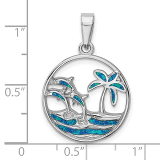 Sterling Silver Rhodium-Plated Blue Lab-Created Opal Dolphins Pendant