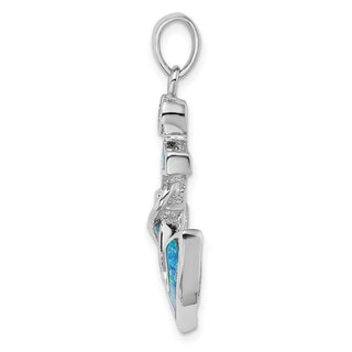 Sterling Silver Rhodium-Plated Blue Lab-Created Opal and CZ Anchor Pendant