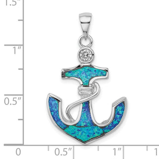 Sterling Silver Rhodium-Plated Blue Lab-Created Opal and CZ Anchor Pendant