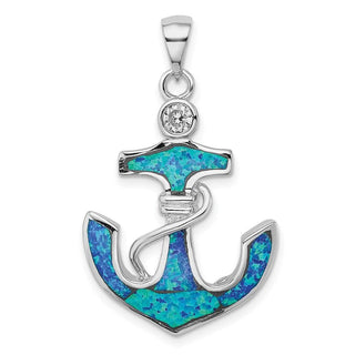 Sterling Silver Rhodium-Plated Blue Lab-Created Opal and CZ Anchor Pendant