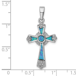 925 Sterling Rhodium-Plated Cubic Zirconia & Lab-Created Opal Cross Pendant