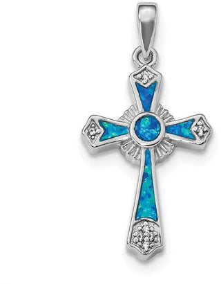 925 Sterling Rhodium-Plated Cubic Zirconia & Lab-Created Opal Cross Pendant