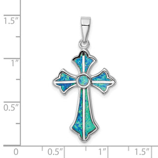 925 Sterling Silver Rhodium-Plated Blue Inlay Lab-Created Opal Cross Pendant