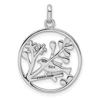 Rhodium-Plated Sterling Silver Polished Bird and Flowers Pendant