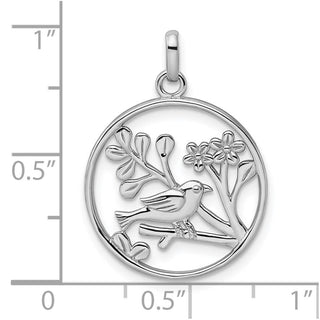 Rhodium-Plated Sterling Silver Polished Bird and Flowers Pendant