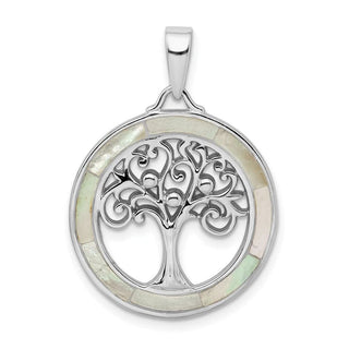 Sterling Silver Rhodium-plated White Mother of Pearl Tree of Life Pendant