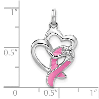 Sterling Silver Rhodium-Plated Enamel CZ Ribbon Heart Charm