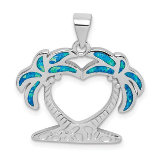 Sterling Silver Rhodium-Plated Lab-Created Blue Opal Palm Trees Pendant