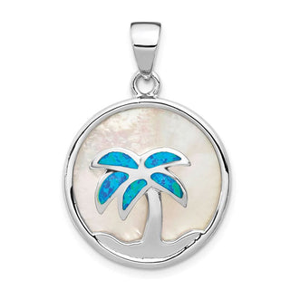 Sterling Silver Rhodium-plated Mother of Pearl /Created Opal Palm Tree Pendant