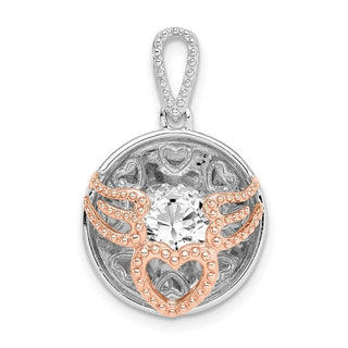 Sterling Silver Rhodium-Plate and Rose-tone Heart Wings w/ Vibrant CZ Pendant