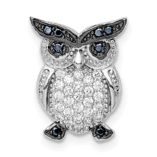 Sterling Silver Rhodium-plated Black and Clear CZ Owl Slide