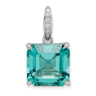 Sterling Silver Rhodium-plated Light Blue Princess Shaped & White CZ Pendant