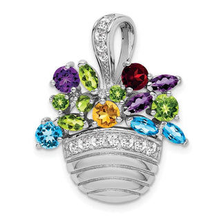 Sterling Silver Rhodium-Plated Multi-Color Gemstone Basket Pendant/ Pin
