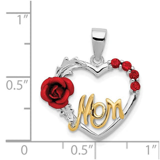 Sterling Silver Vermeil Red Flower & CZ Mom Pendant