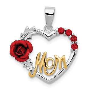 Sterling Silver Vermeil Red Flower & CZ Mom Pendant