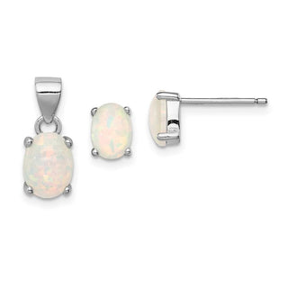 Sterling Silver Rhodium-plated Oval Created Opal Pendant/Earrings Set