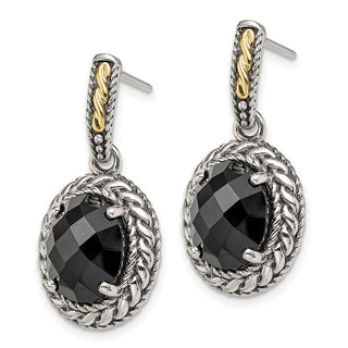 Sterling Silver w/14k Yellow Gold Antiqued Onyx Post Dangle Earrings QTC1013