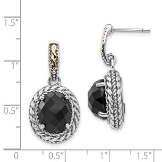 Sterling Silver w/14k Yellow Gold Antiqued Onyx Post Dangle Earrings QTC1013