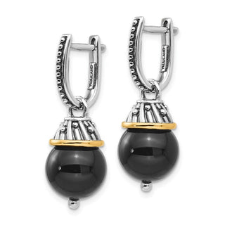 Sterling Silver w/14k Yellow Gold Black Onyx Polished and Textured Earrings