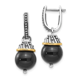 Sterling Silver w/14k Yellow Gold Black Onyx Polished and Textured Earrings