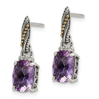 Sterling Silver w/14k Yellow Gold Diamond and Amethyst Dangle Post Earrings