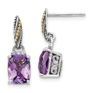 Sterling Silver w/14k Yellow Gold Diamond and Amethyst Dangle Post Earrings