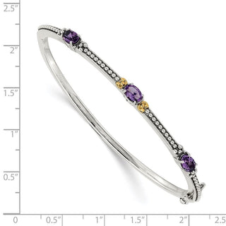 7.25" Sterling Silver & 14k Yellow Gold Amethyst Hinged Bangle Bracelet