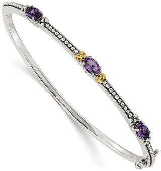 7.25" Sterling Silver & 14k Yellow Gold Amethyst Hinged Bangle Bracelet