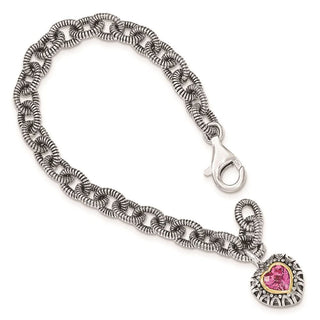 Sterling Silver w/14k Yellow Gold Created Pink Sapphire Heart Charm Bracelet
