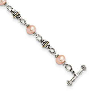 7.5" Shey Couture Sterling Silver with 14K Accent Antiqued 9-10mm Freshwater Cultured Pink Pearl Bracelet