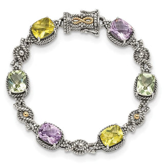 7.25" Shey Couture Sterling Silver with 14K Accent Antiqued Cushion Pink Quartz Green Quartz and Lemon Quartz Bracelet