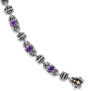 7.25" Sterling Silver & 14k Yellow Gold Amethyst Antiqued Bracelet
