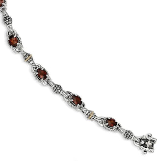 7.25" Sterling Silver & 14k Yellow Gold Oval Garnet Bracelet
