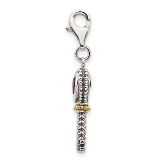 Sterling Silver w/14k Yellow Gold Amethyst Antiqued Key w/Lobster Clasp Charm