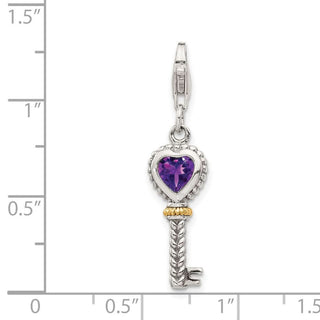 Sterling Silver w/14k Yellow Gold Amethyst Antiqued Key w/Lobster Clasp Charm
