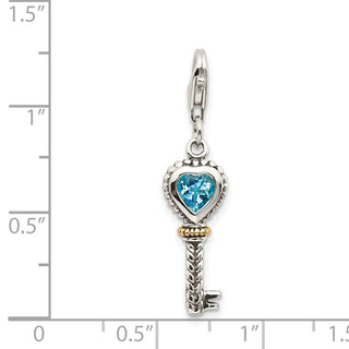 Sterling Silver w/14k Yellow Gold Blue Topaz Antiqued Key Lobster Clasp Charm