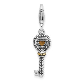 Sterling Silver w/14k Yellow Gold Citrine Antiqued Key w/Lobster Clasp Charm